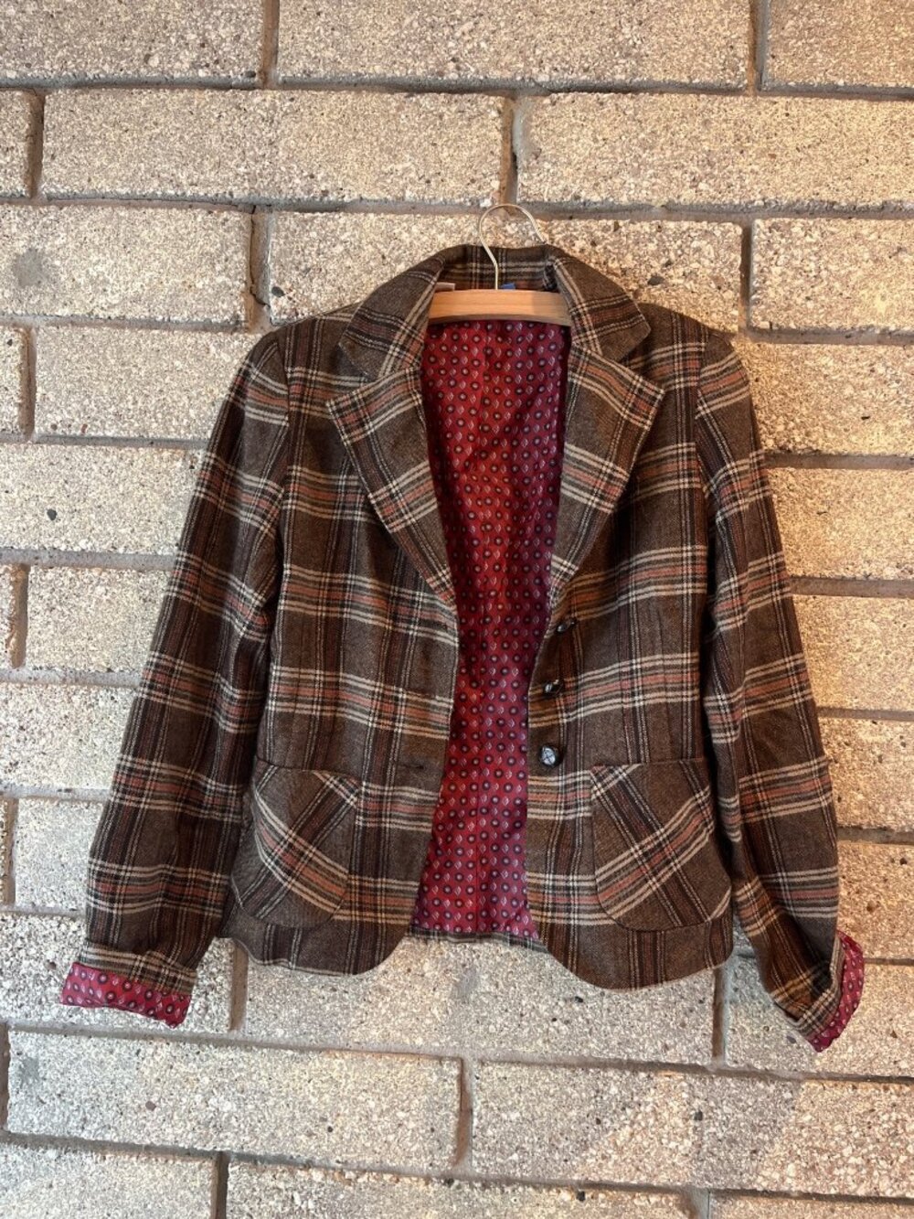 Delias Brown Plaid Blazer With Corduroy Elbow Patches & Patterned Lining XS